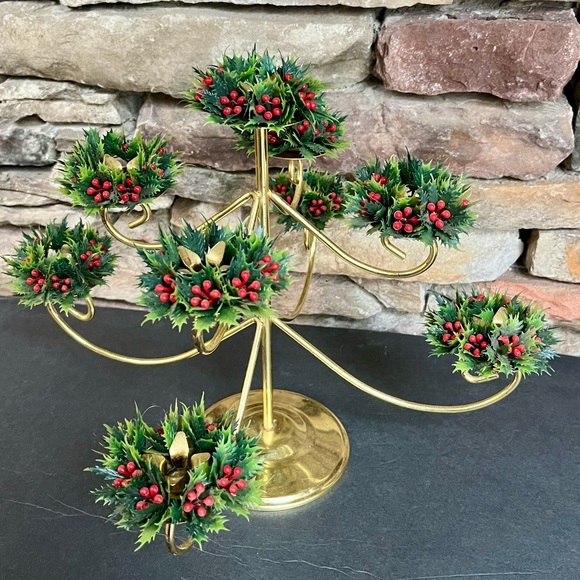 VTG Candelabra Christmas Tree Brass Plastic Holly MCM Candle Holder Centerpiece - Picture 5 of 6
